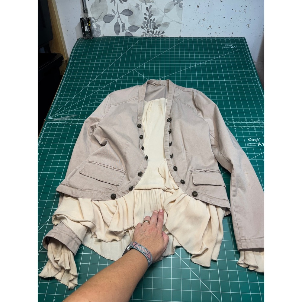 Free People Khaki Tan Military Ruffle Blazer Jacket Brass Crest Buttons Large